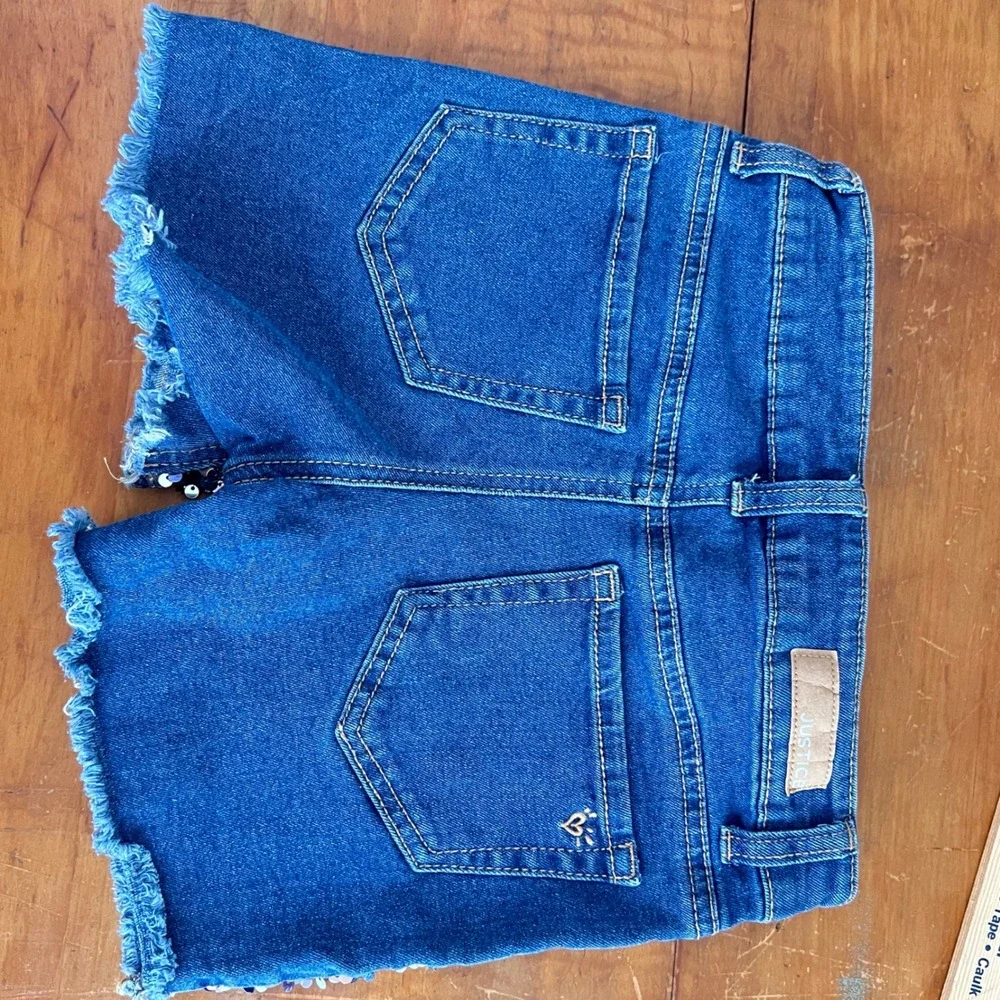 Justice Denim Shorts Girls 10 Sequin Front Frayed Hem Blue Mermaidcore Sparkly